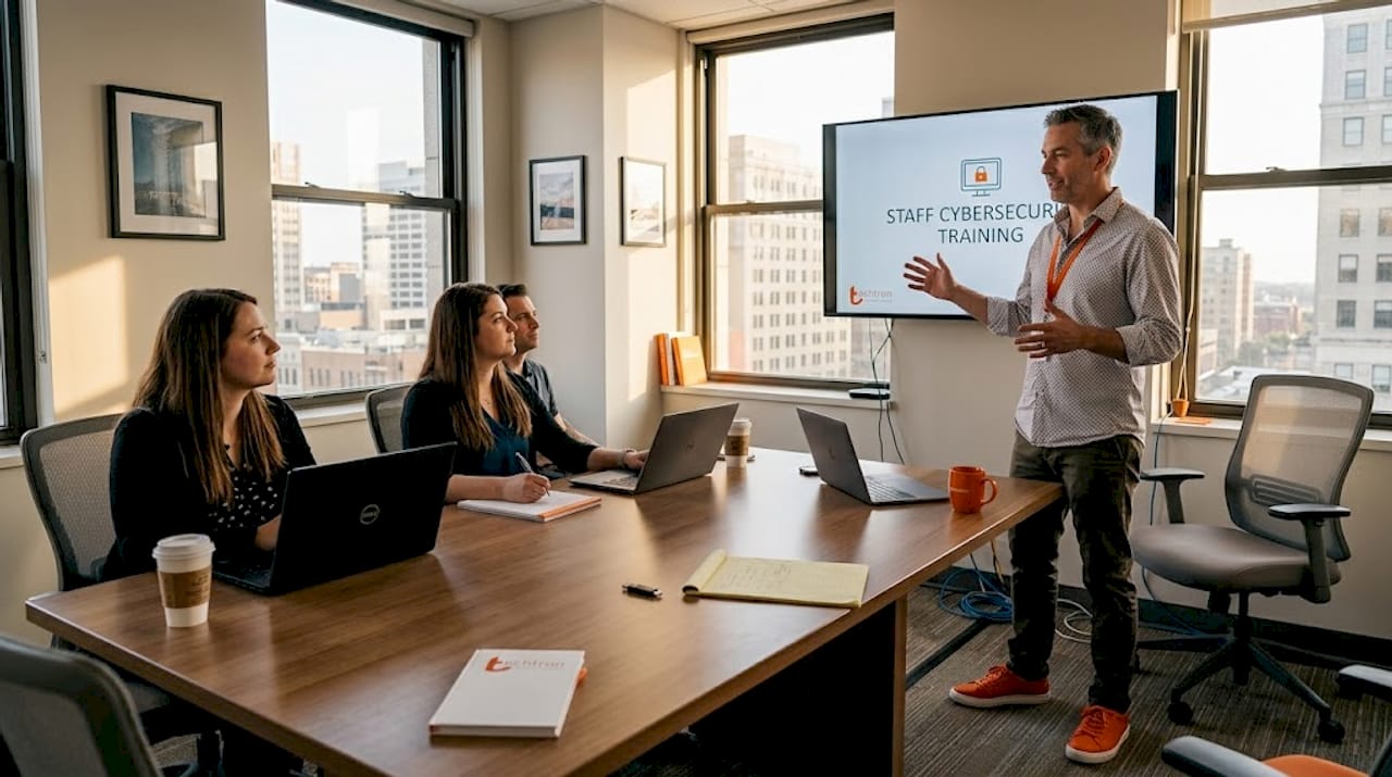 IT manager leads training in office conference room