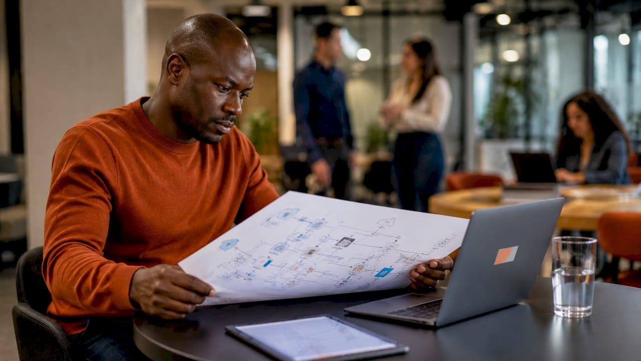 IT manager reviewing network diagrams at desk